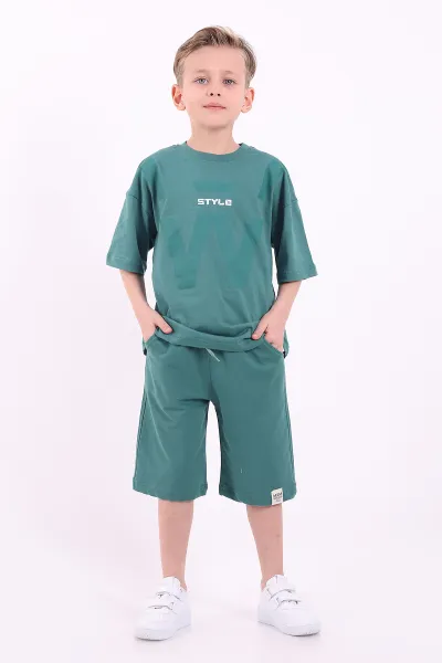 Yeşil (7-10 Yaş) Style Baskılı Şortlu Penye Erkek Çocuk Yazlık Takım 347469