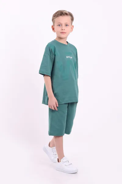 Yeşil (7-10 Yaş) Style Baskılı Şortlu Penye Erkek Çocuk Yazlık Takım 347469