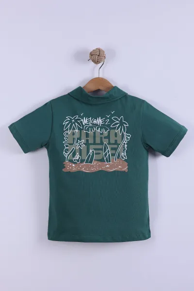 Yeşil (7-11 Yaş) Surf Tribe Baskılı Gömlek Yaka Tişörtlü   Gabardin  Şortlu Erkek Çocuk Yazlık Takım 441757