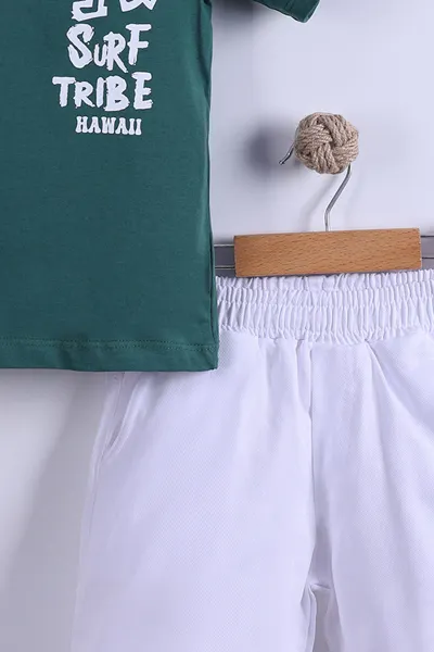 Yeşil (7-11 Yaş) Surf Tribe Baskılı Gömlek Yaka Tişörtlü   Gabardin  Şortlu Erkek Çocuk Yazlık Takım 441757