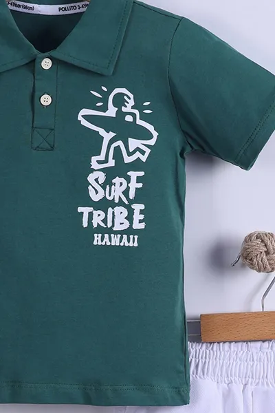 Yeşil (7-11 Yaş) Surf Tribe Baskılı Gömlek Yaka Tişörtlü   Gabardin  Şortlu Erkek Çocuk Yazlık Takım 441757
