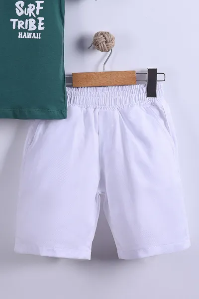 Yeşil (7-11 Yaş) Surf Tribe Baskılı Gömlek Yaka Tişörtlü   Gabardin  Şortlu Erkek Çocuk Yazlık Takım 441757