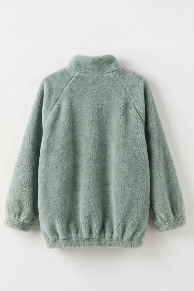 Yeşil (7-12 Yaş) Omuzu Şeritli Fiyonklu Kız Çocuk Peluş Hırka 495620