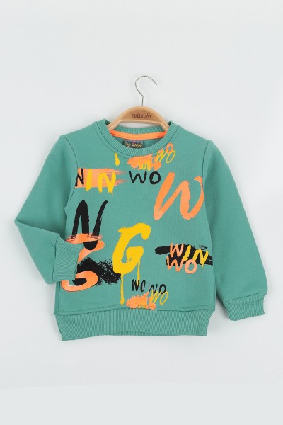 Yeşil (8-12 Yaş) Wowo Wın Baskılı Üç İp Şardonlu Erkek Çocuk Sweat Polar 135250