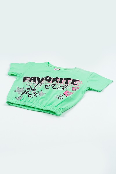 Yeşil (9-12 Yaş) Favorıte Baskılı Beli Lastikli Kız Çocuk Tişört 105309