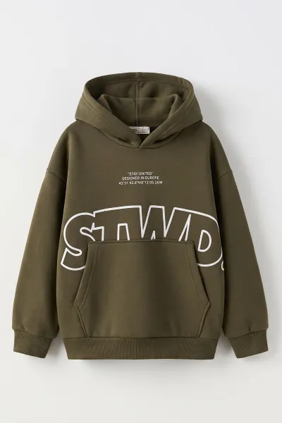 Yeşil (9-16 Yaş) Kapüşonlu İçi Şardonlu Erkek Çocuk Sweatshirt 500309