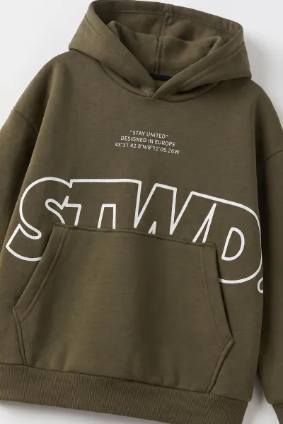 Yeşil (9-16 Yaş) Kapüşonlu İçi Şardonlu Erkek Çocuk Sweatshirt 500309