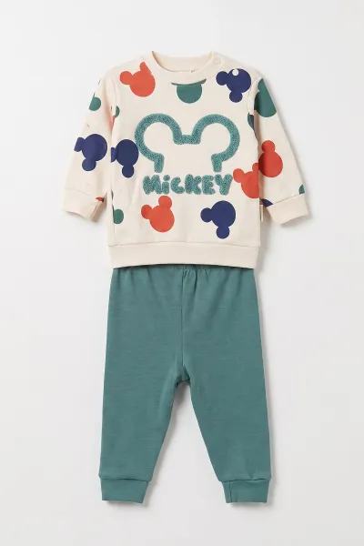Yeşil (9-18 Ay)Mickey Süzene Nakışlı Çıtçıtlı  Bebek Takım 476268