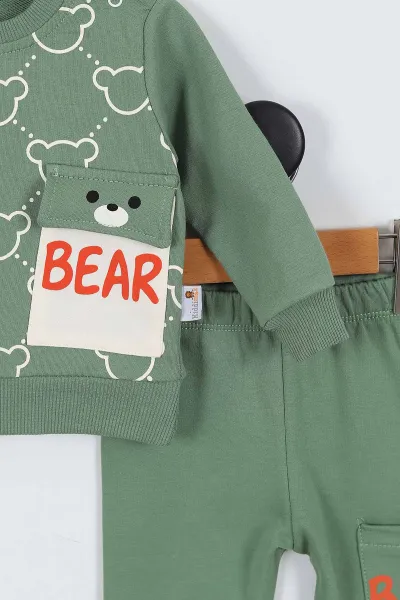 Yeşil (9-24 Ay) Bear Baskılı Cep Detaylı Erkek Bebek 2'li Takım 335521
