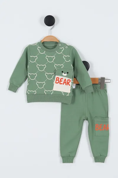 Yeşil (9-24 Ay) Bear Baskılı Cep Detaylı Erkek Bebek 2'li Takım 335521