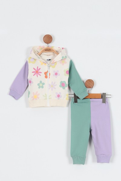 Yeşil (9-24 Ay) Çift Parçalı Çiçek Baskılı Hırka Detaylı Kız Bebe Takım 198307