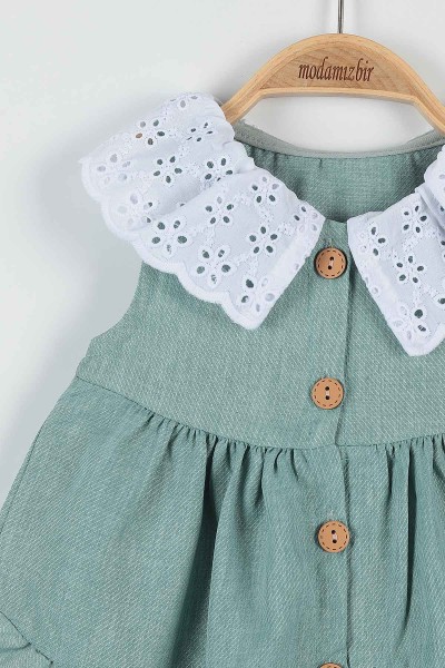 Yeşil (9-24 Ay) Düğmeli Yaka Detaylı Kız Bebe Elbise 176475