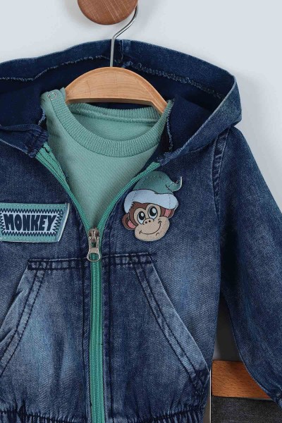 Yeşil (9-24 Ay) Kanguru Cep Detaylı Üçlü Kot Erkek Bebe Takım 222873