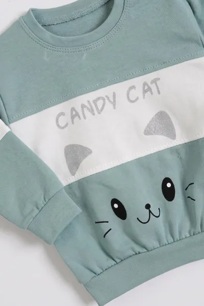 Yeşil (9-24  Ay)  Kedi Baskılı   Lastikli Paça Penye  Kız Bebek Takım 480176