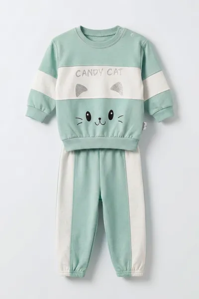 Yeşil (9-24  Ay)  Kedi Baskılı   Lastikli Paça Penye  Kız Bebek Takım 480176