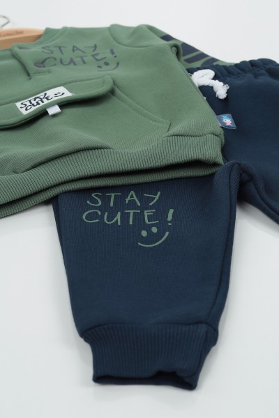 Yeşil (9-24 Ay) Stay Cute Baskılı Kapak Cepli Üç İp Şardonlu Erkek Çocuk Takım 136796