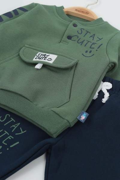 Yeşil (9-24 Ay) Stay Cute Baskılı Kapak Cepli Üç İp Şardonlu Erkek Çocuk Takım 136796