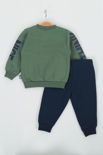 Yeşil (9-24 Ay) Stay Cute Baskılı Kapak Cepli Üç İp Şardonlu Erkek Çocuk Takım 136796