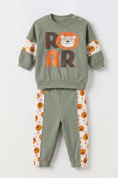Yeşil (9-24 Ay)Aslan Baskılı Lastikli Paça Fitilli Kumaş  Erkek Bebek Takım 480196