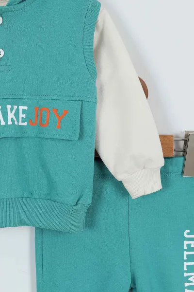 Yeşil (9-24 Ay)Kolsuz Kapüşonlu Sweatshirtlü Erkek Bebek Takım 345277