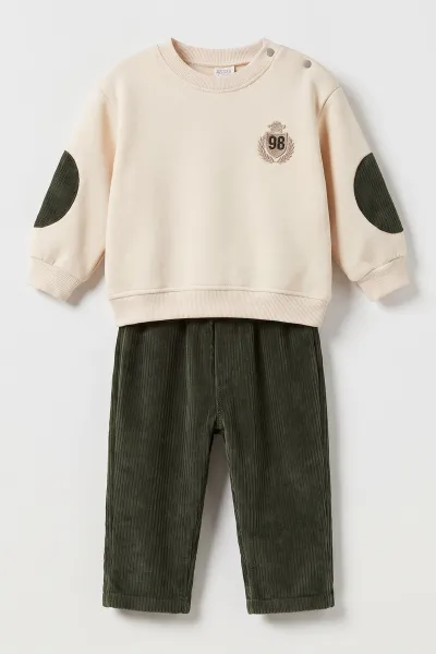 Yeşil (9-36 Ay) 98 Nakışlı 3 İp Şardonlu Sweatli Kadife Pantolonlu Erkek Bebek Kışlık Takım 501368