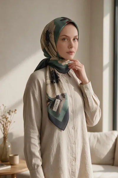 Yeşil 90x90 Cm Dijital Baskılı Florenza Desen Soft Eşarp 498666