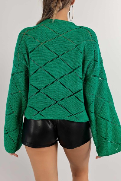 Yeşil Ajurlu Crop Triko Kazak 137479