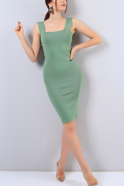 Yeşil Askılı Örme Bayan Elbise 16280B