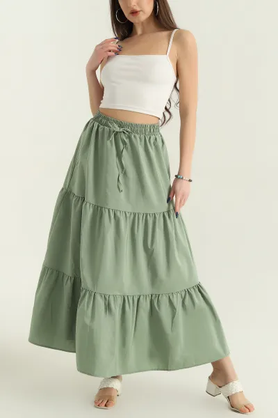 Yeşil Astarlı Beli Lastikli Poplin Etek 336900