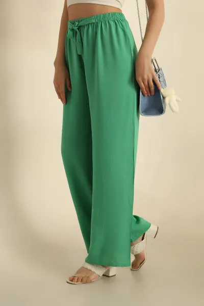 Yeşil Bağlamalı Beli Lastikli Dokuma Pantolon 269137