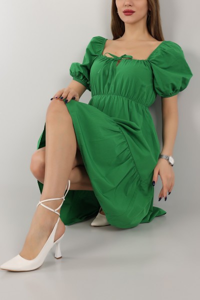 Yeşil Bağlamlı Dokuma Poplin Elbise 158073