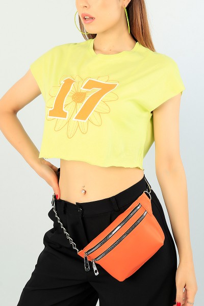 Yeşil Baskılı Bayan Crop Tişört 71144