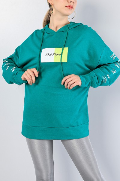 Yeşil Baskılı Bayan Kapüşonlu Sweat 81210