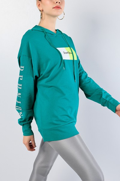 Yeşil Baskılı Bayan Kapüşonlu Sweat 81210