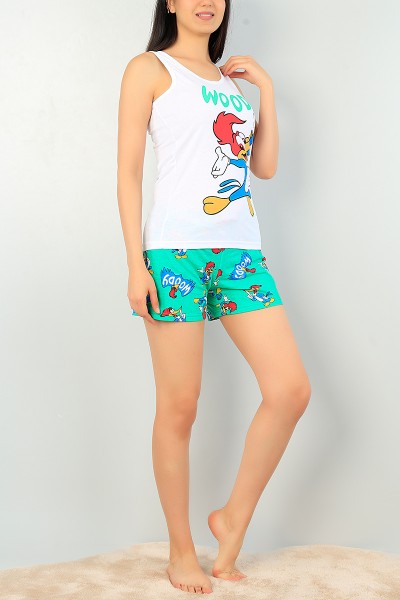 Yeşil Baskılı Bayan Şort Atlet Pijama Takımı 68130