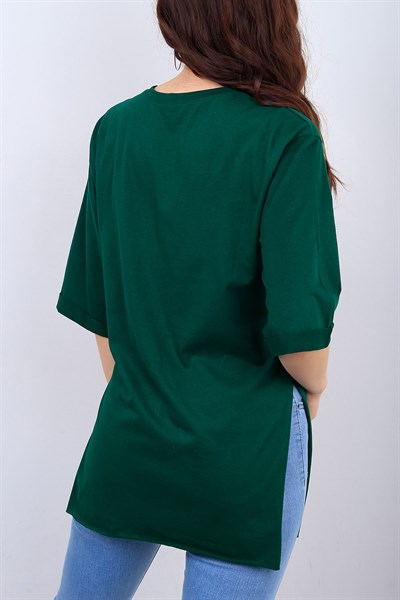 Yeşil Baskılı Bayan Yırtmaçlı Tişört 14694B