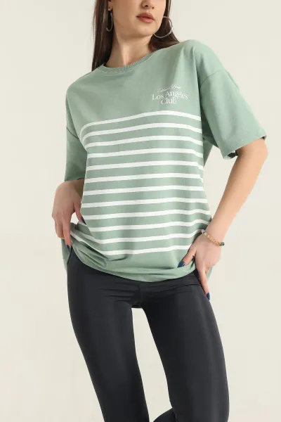 Yeşil Baskılı Bisiklet Yaka Oversize Bayan Tişört 337666