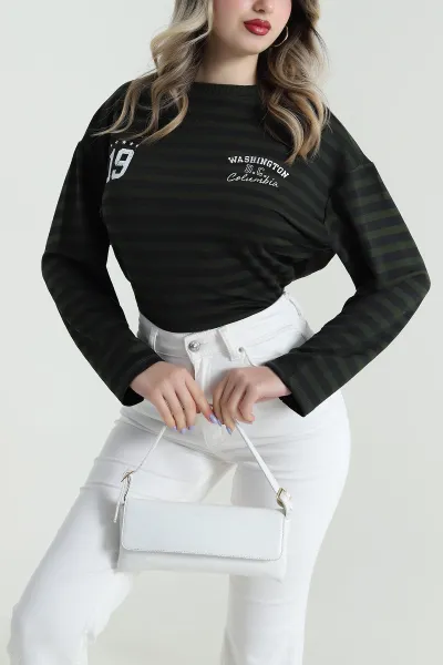 Yeşil Baskılı Çizgili Tasarım Kadın Sweat 493807