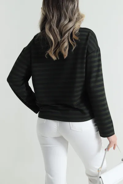 Yeşil Baskılı Çizgili Tasarım Kadın Sweat 493807