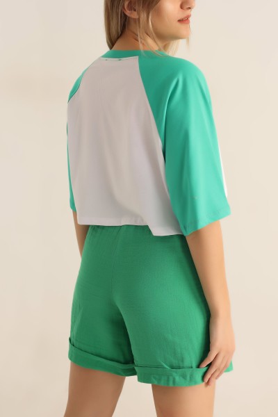 Yeşil Baskılı Crop Tişört 184619