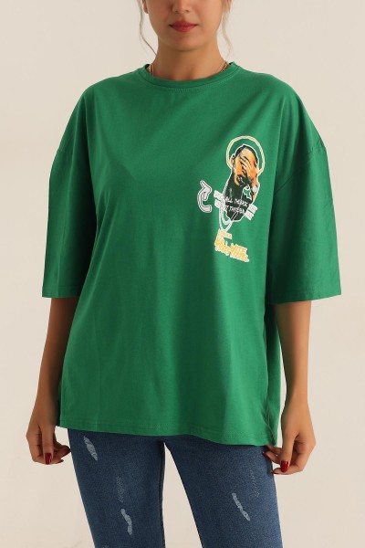 Yeşil Baskılı Oversize Tişört 193636