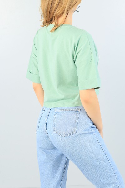 Yeşil Baskılı Tasarım Bayan Crop Tişört 62250