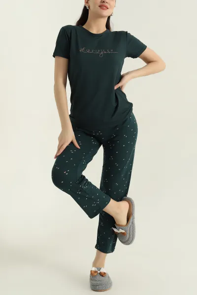 Yeşil Baskılı Viskon Kadın Pijama Takımı 347346