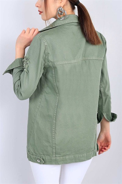 Yeşil Bayan Yırtık Kot Ceket 17363B