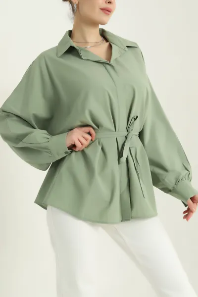Yeşil Bel Bağlamalı Oversize Poplin Kadın Tunik Gömlek 346017