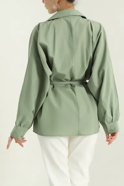 Yeşil Bel Bağlamalı Oversize Poplin Kadın Tunik Gömlek 346017