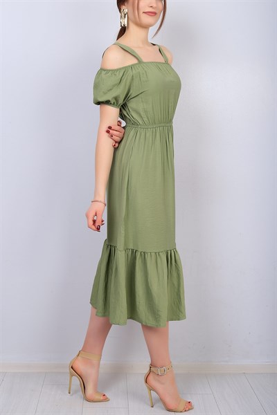 Yeşil Bel Lastikli Askılı Bayan Elbise 14595B