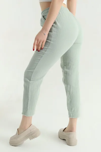 Yeşil Bel Lastikli Müslin Keten Kadın Pantolon 339872