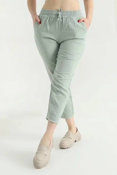 Yeşil Bel Lastikli Müslin Keten Kadın Pantolon 339872