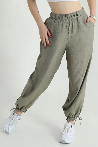 Yeşil Bel Paça Lastikli Kraş Dokuma Pantolon 473153